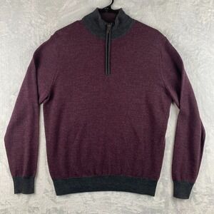 Untuckit Sweater Mens Medium Red Maroon Stripe Merino Wool 1/4 Zip Pullover Soft